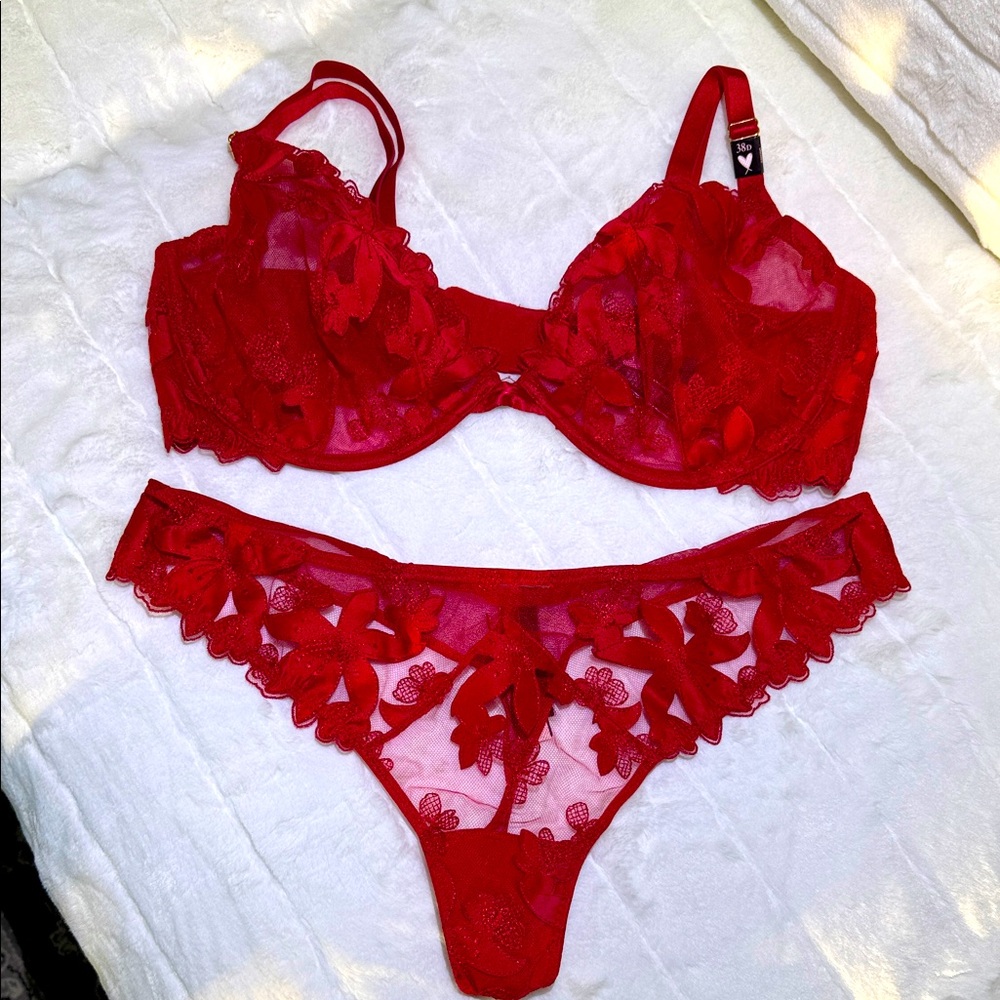 Victoria's Secret Red Lace Bra Set 38D top XL bottoms NWT